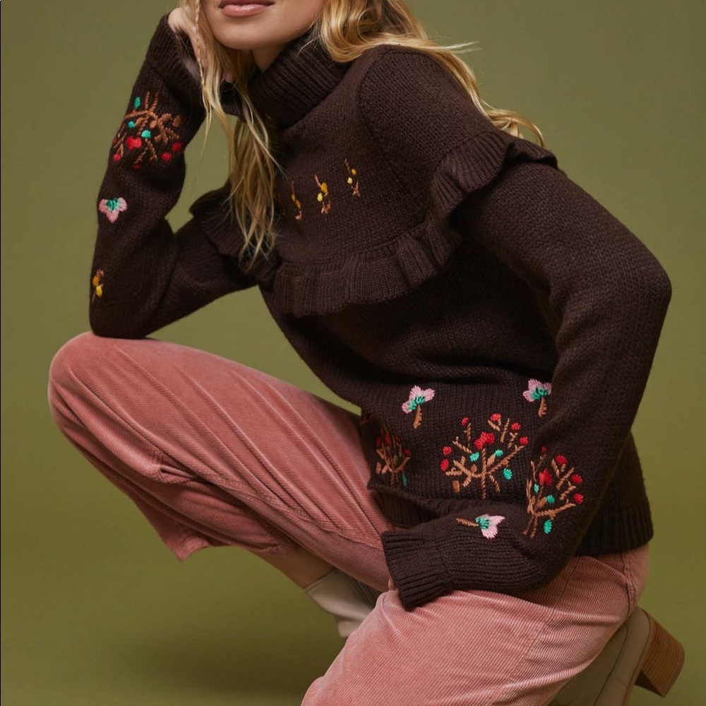 NWT Anthropologie Allison New York Ruffled Embroidered Turtleneck Sweater